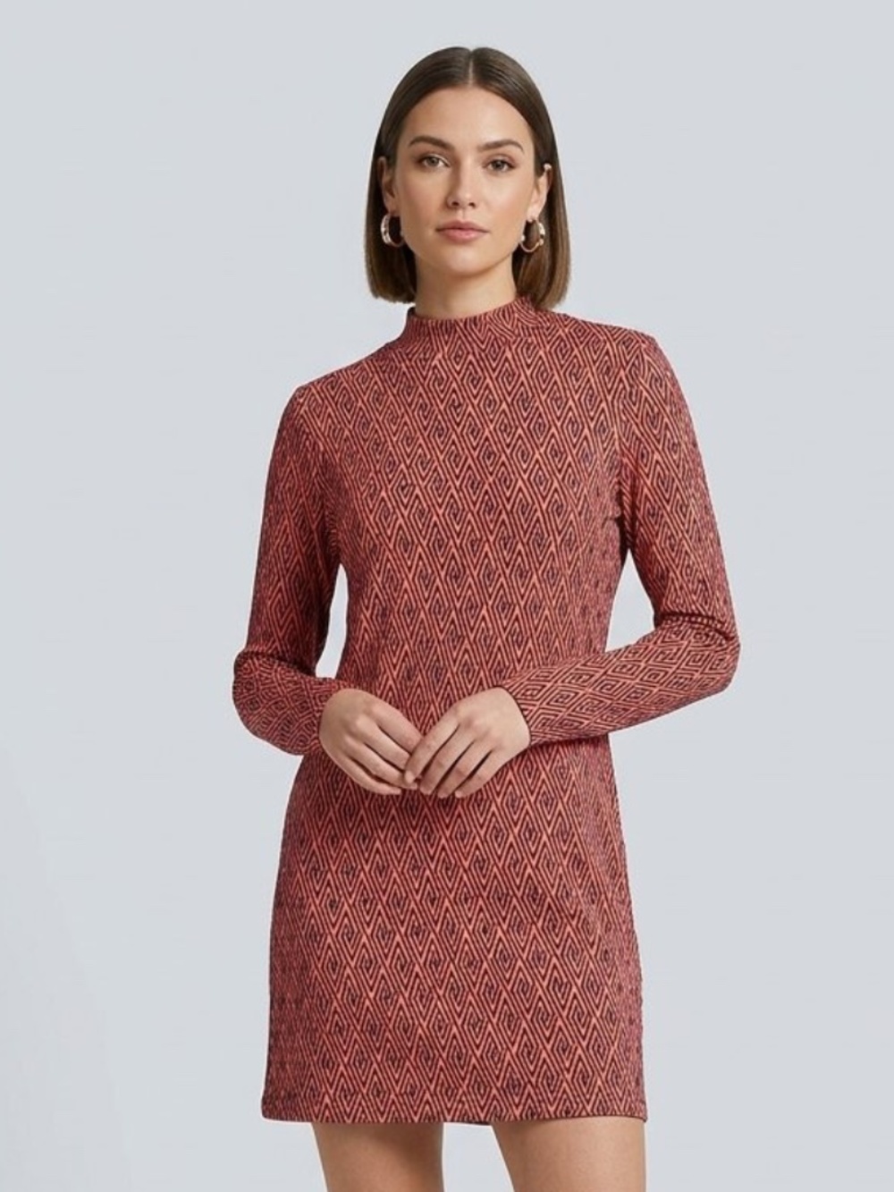ZARA Geometric Diamond Knit Mock Neck Mini Dress Retro Mod Pink Black Size M